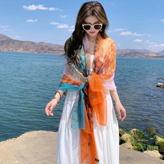 Leaf Print Scarf Orange Gauze Shawl Large Wrap