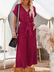 Wide Leg Belted Jumpsuit Short Sleeve Casual Button Pocket