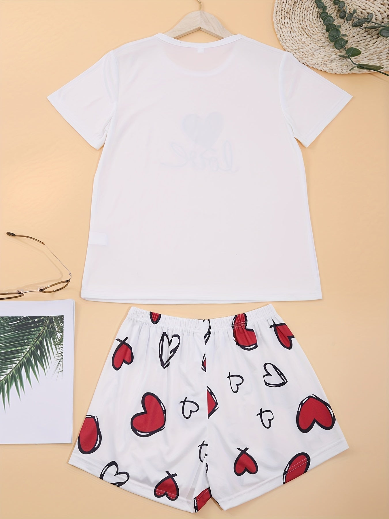 Heart Print Pajama Set Short Sleeve Crew Neck Top & Elastic Waistband Shorts