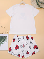 Heart Print Pajama Set Short Sleeve Crew Neck Top & Elastic Waistband Shorts