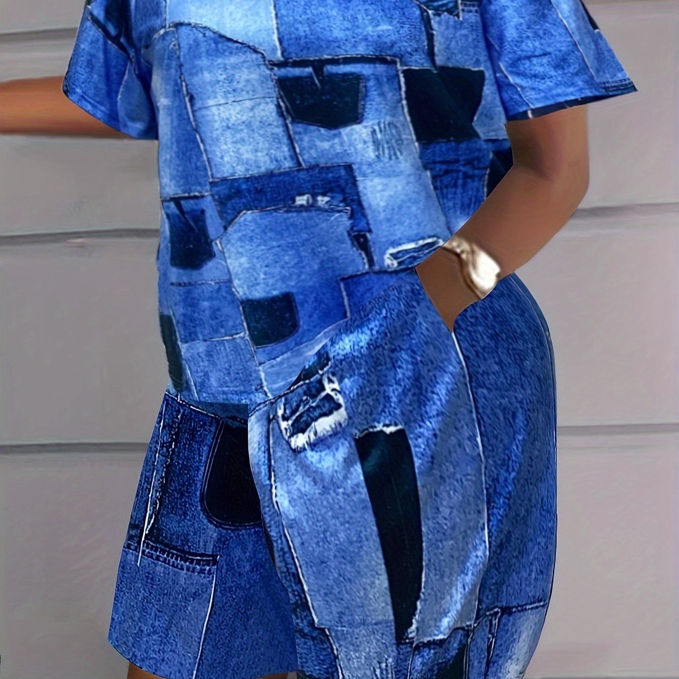Patchwork Casual Two piece Set Crew Neck Short Sleeve T shirt & Slim Shorts