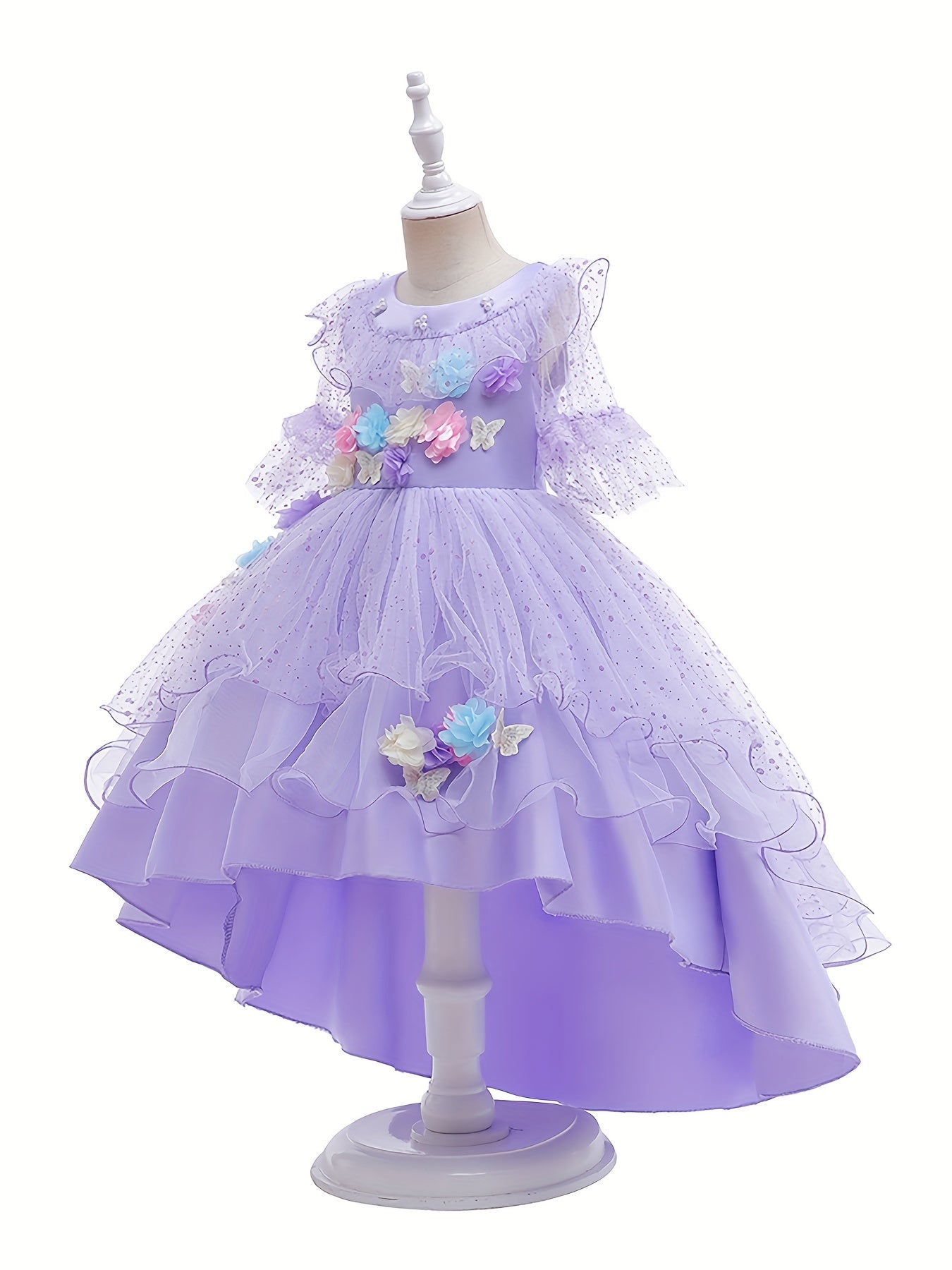 Girls Princess Lace Sleeve Dress Tulle Flowers Embroidery Halloween Costume