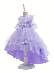 Girls Princess Lace Sleeve Dress Tulle Flowers Embroidery Halloween Costume