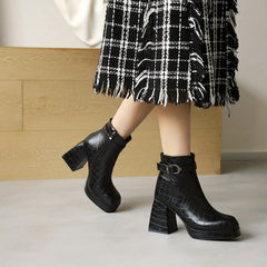 Women's Crocodile Ankle Boots Block Heel Side Zip Buckle Strap Retro Short Boots