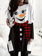Snowman Print Long Sleeve Tee Dress With Pockets