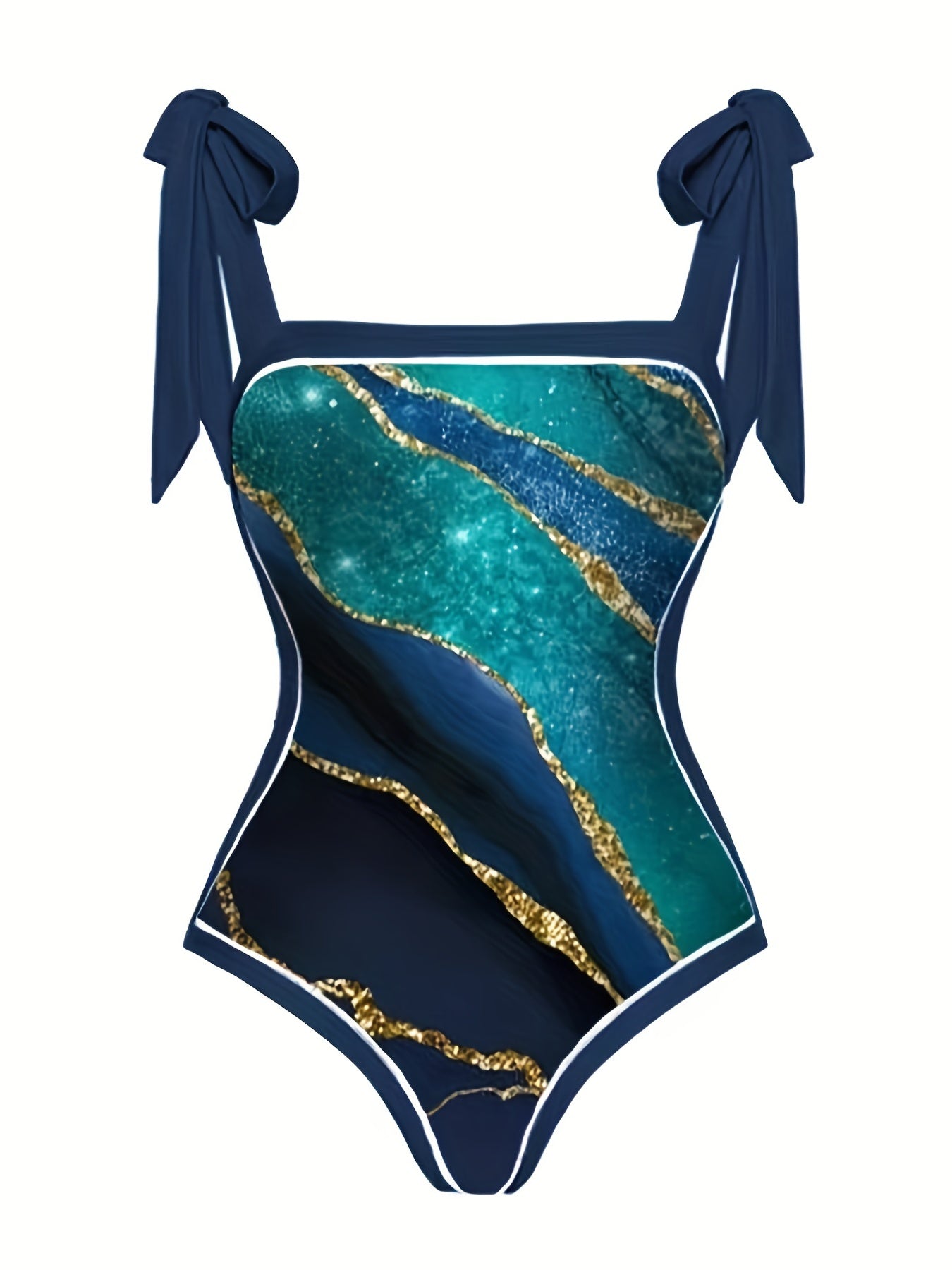 Marble Print Tie Shoulder 2 Piece Set Swimsuit High Cut One Piece Bathing suit