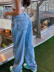 Solid Washed High Rise Denim Pants Wide Leg Jeans