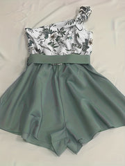 Floral Print One Shoulder Belted Romper Jumpsuit Casual Sleeveless