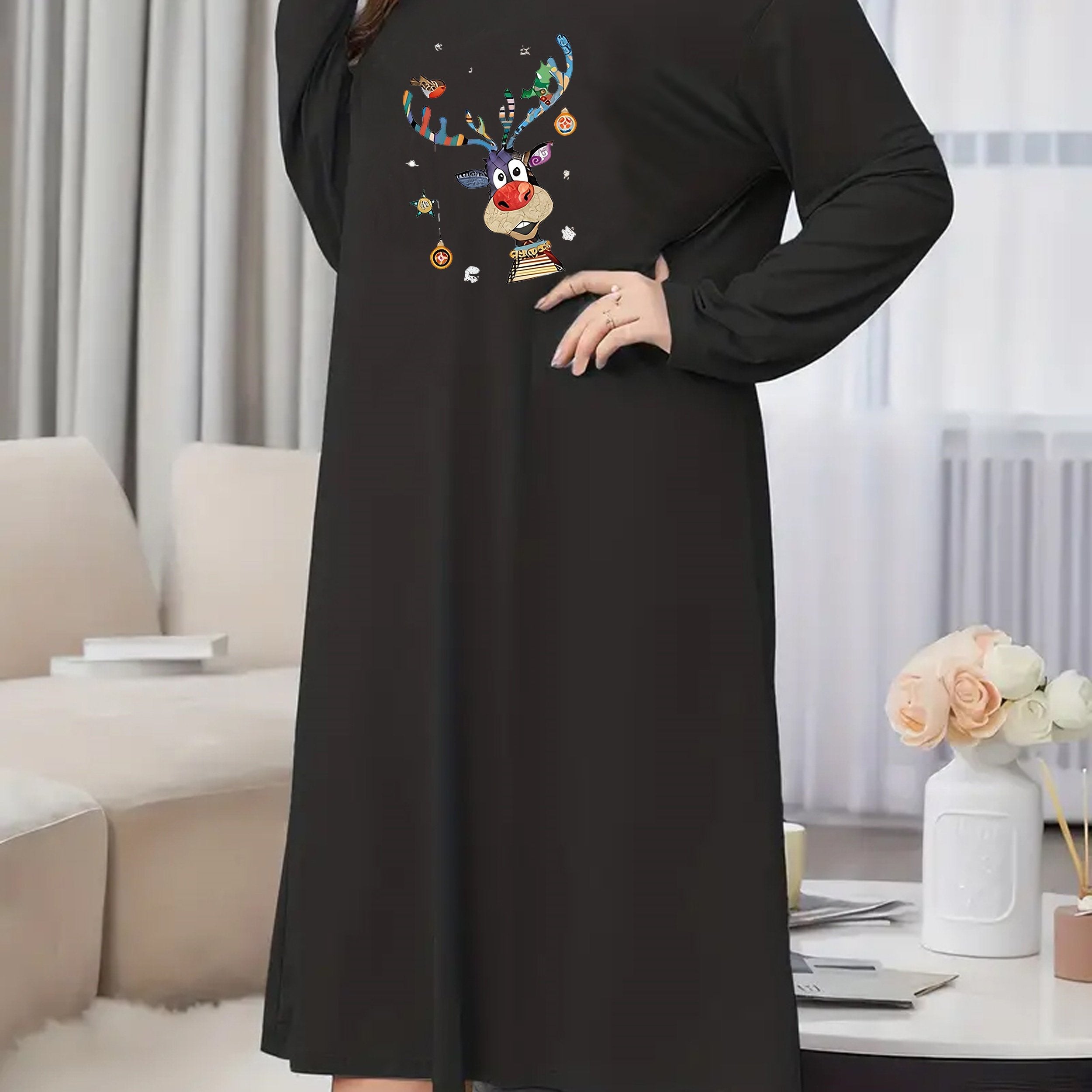 Christmas Nightdress Women's Plus Elk & Bell Print Long Sleeve
