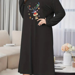 Christmas Nightdress Women's Plus Elk & Bell Print Long Sleeve
