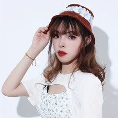 Vintage Flower Crochet Bucket Hat Block Knitted Cloche Hat