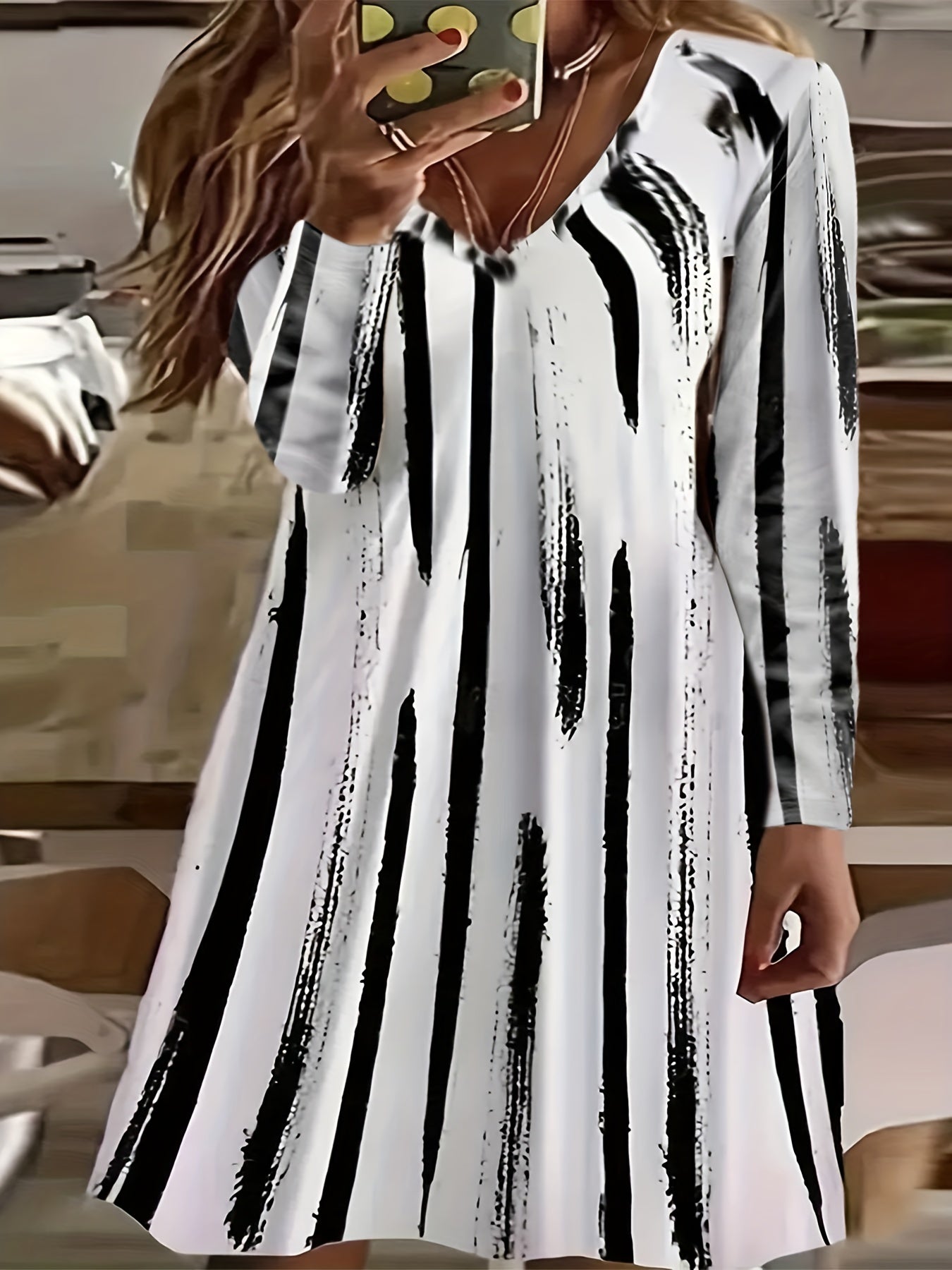 Brush Print Long Sleeve V Neck Dress