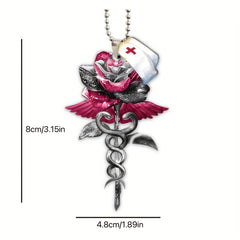 2pcs Nurse Cap Rearview Mirror Key Chain Red Rose Pendant Car Accessories