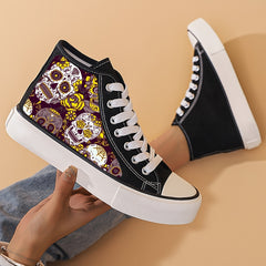 Skull & Flower Print Canvas High Top Sneakers
