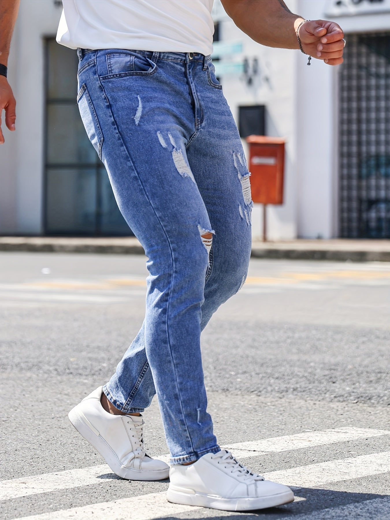Men's Slim Fit Ripped Cotton Jeans Street Style Stretch Denim Pants