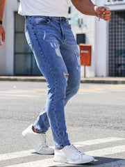 Men's Slim Fit Ripped Cotton Jeans Street Style Stretch Denim Pants