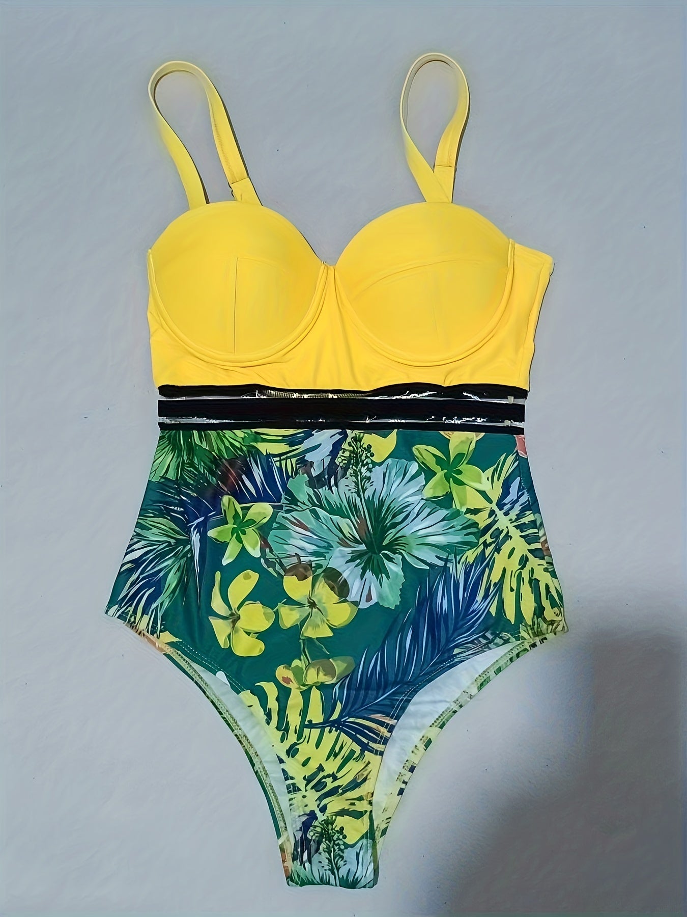 Plant Print Mesh Contrast Push Up Swimsuit High Strech One Piece Bathing Suit