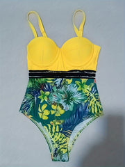 Plant Print Mesh Contrast Push Up Swimsuit High Strech One Piece Bathing Suit