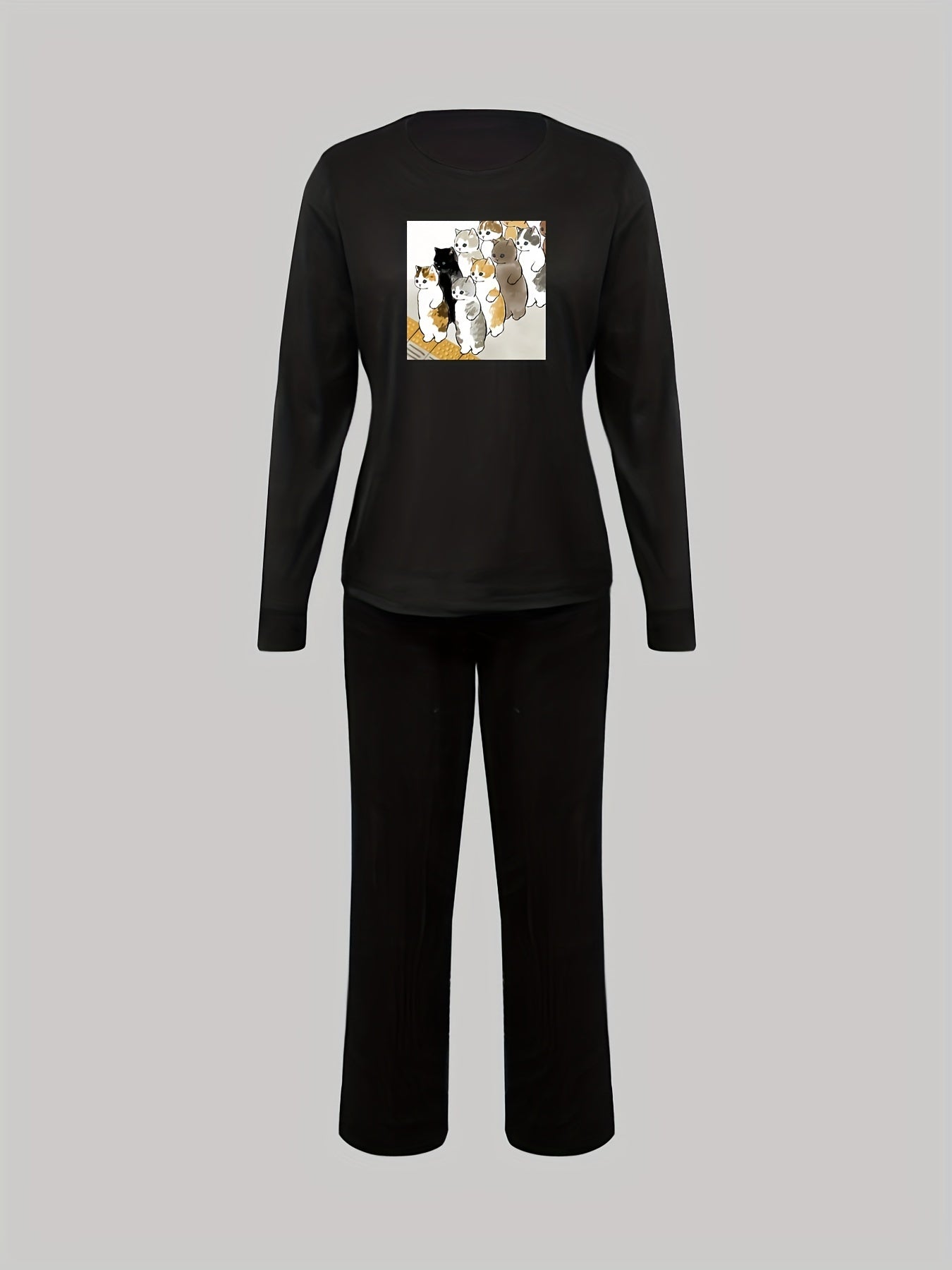 Cat Print Lounge Set Crew Neck Top & Pants Women's Sleepwear