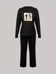 Cat Print Lounge Set Crew Neck Top & Pants Women's Sleepwear