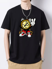 Cartoon Clock Print Men's Graphic Cotton Crew Neck T shirt