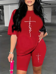 Faith & Cross Print 2pc Set Crew Neck T Shirt & Shorts Women's Outfit
