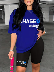 Letter Print Casual Set Crew Neck Tee & Slim Shorts