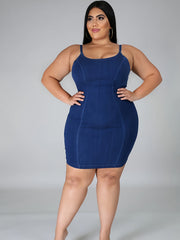 Sexy Plus Denim Dress Solid Scoop Neck Bodycon Mini