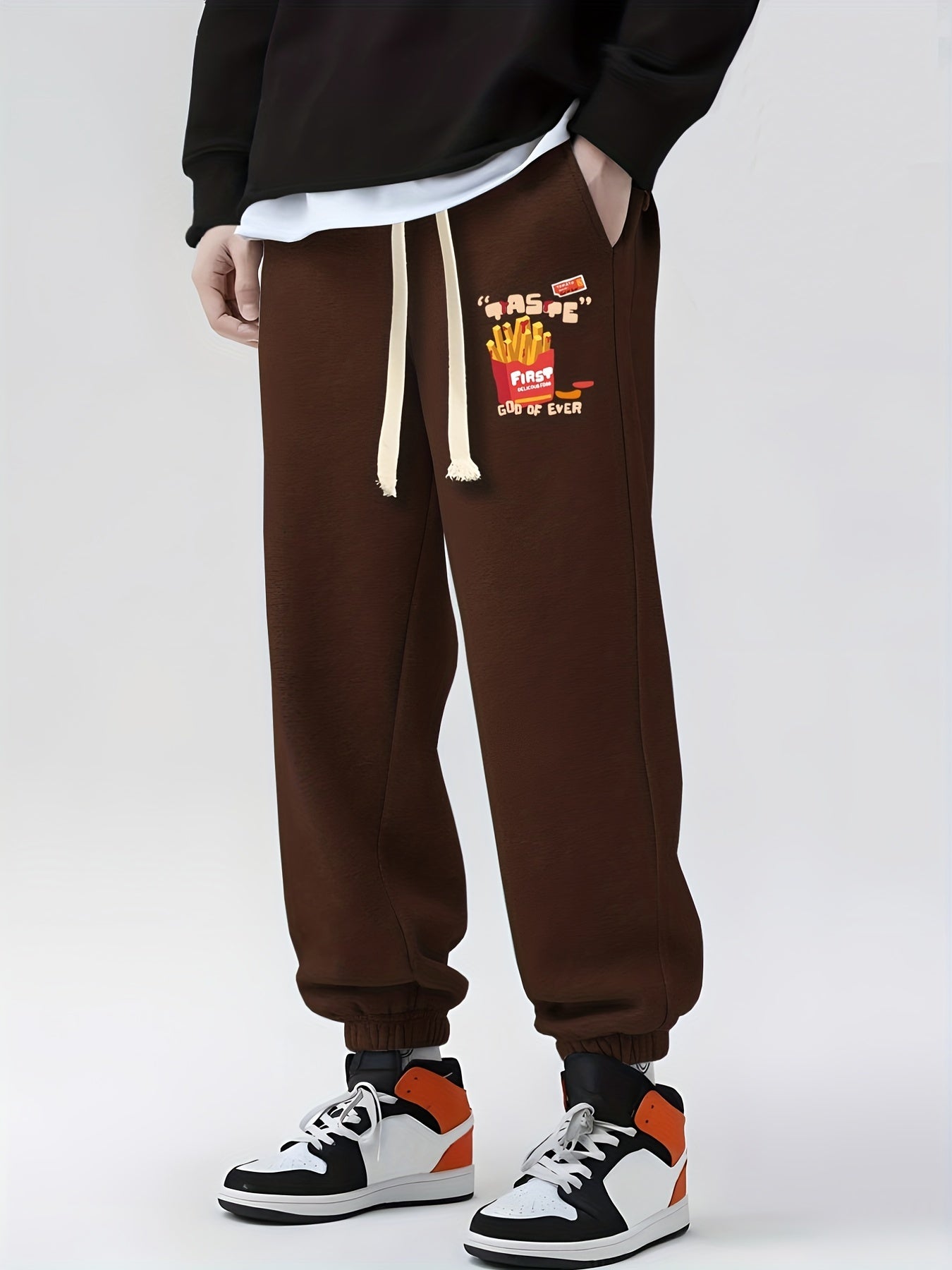 French Fries Print Drawstring Sweatpants Loose Fit Pants Men's