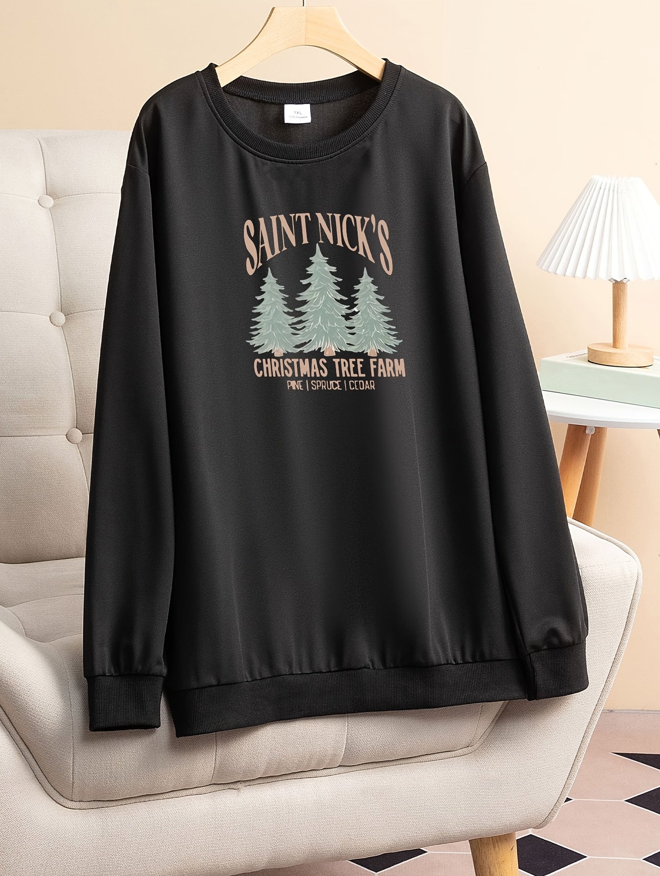 Christmas Tree & Letter Print Long Sleeve Round Neck Lounge Top