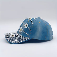 Rhinestone Flower Decor Baseball Cap Washed Distressed Denim Sun Hat