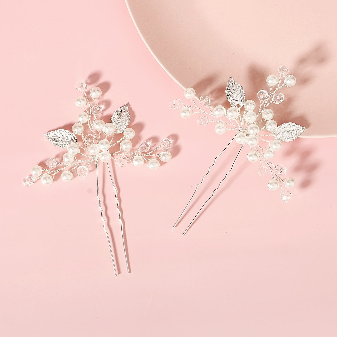 2pcs Silver Pearl Bridal Hair Pins Leaf Hair Accessories