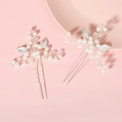 2pcs Silver Pearl Bridal Hair Pins Leaf Hair Accessories