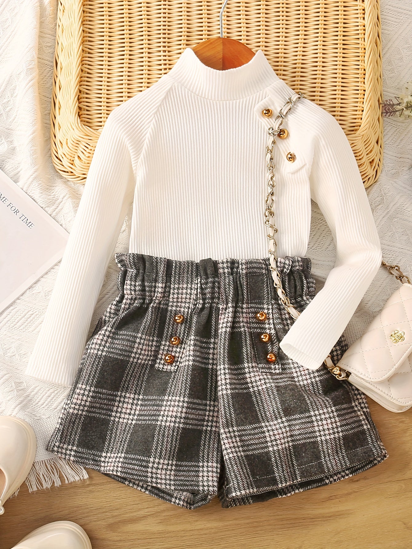 2pcs Girls Long Sleeves High Neck Top & Plaid Skirt Set