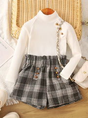 2pcs Girls Long Sleeves High Neck Top & Plaid Skirt Set