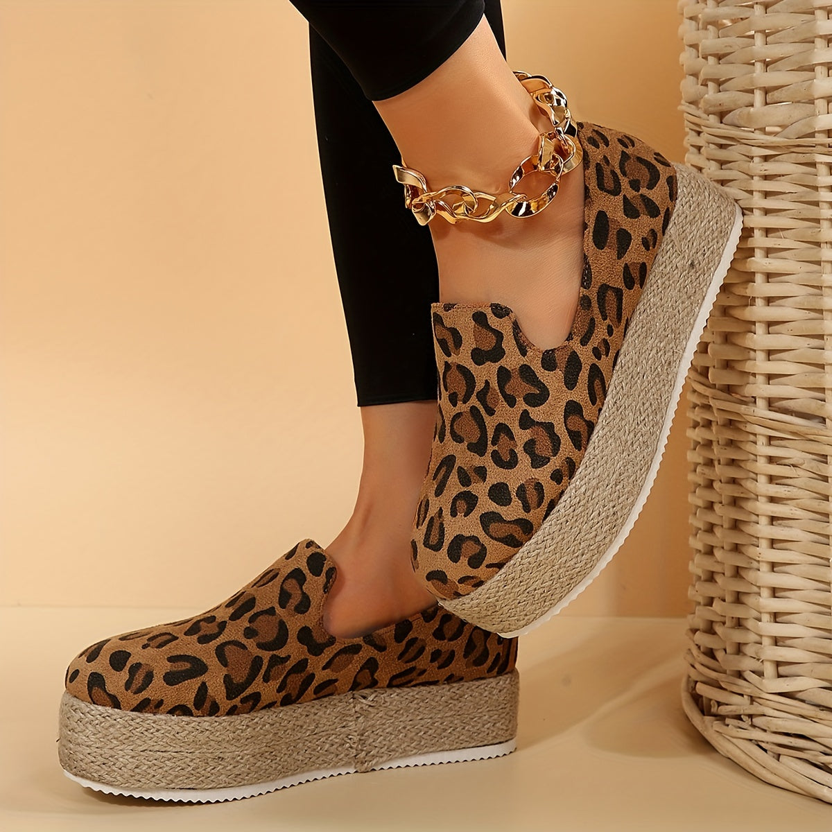 Leopard Print Espadrille Slip On Platform Loafers