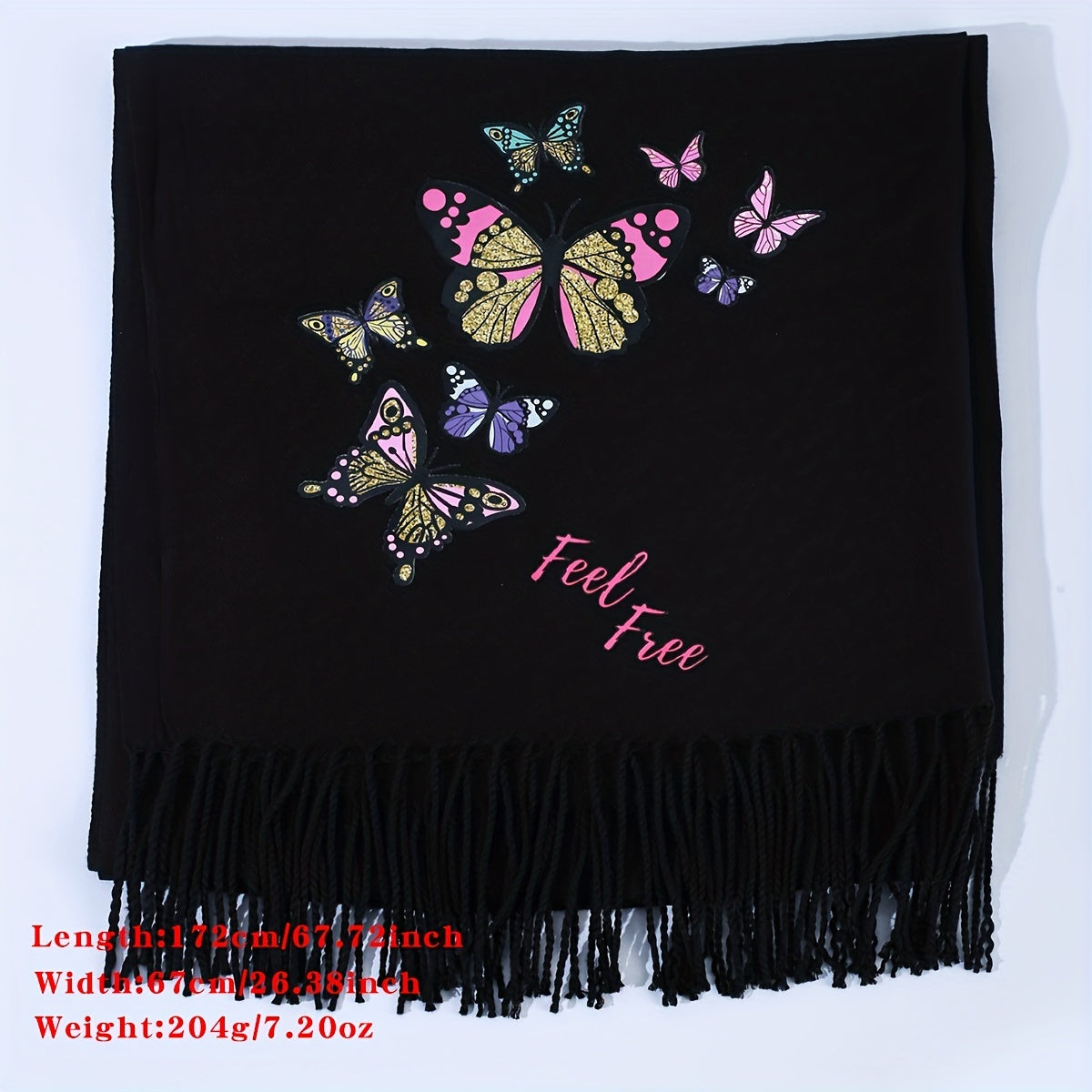 Butterfly & Letter Decor Fringe Trim Scarf Casual Shawl Wrap