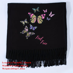 Butterfly & Letter Decor Fringe Trim Scarf Casual Shawl Wrap