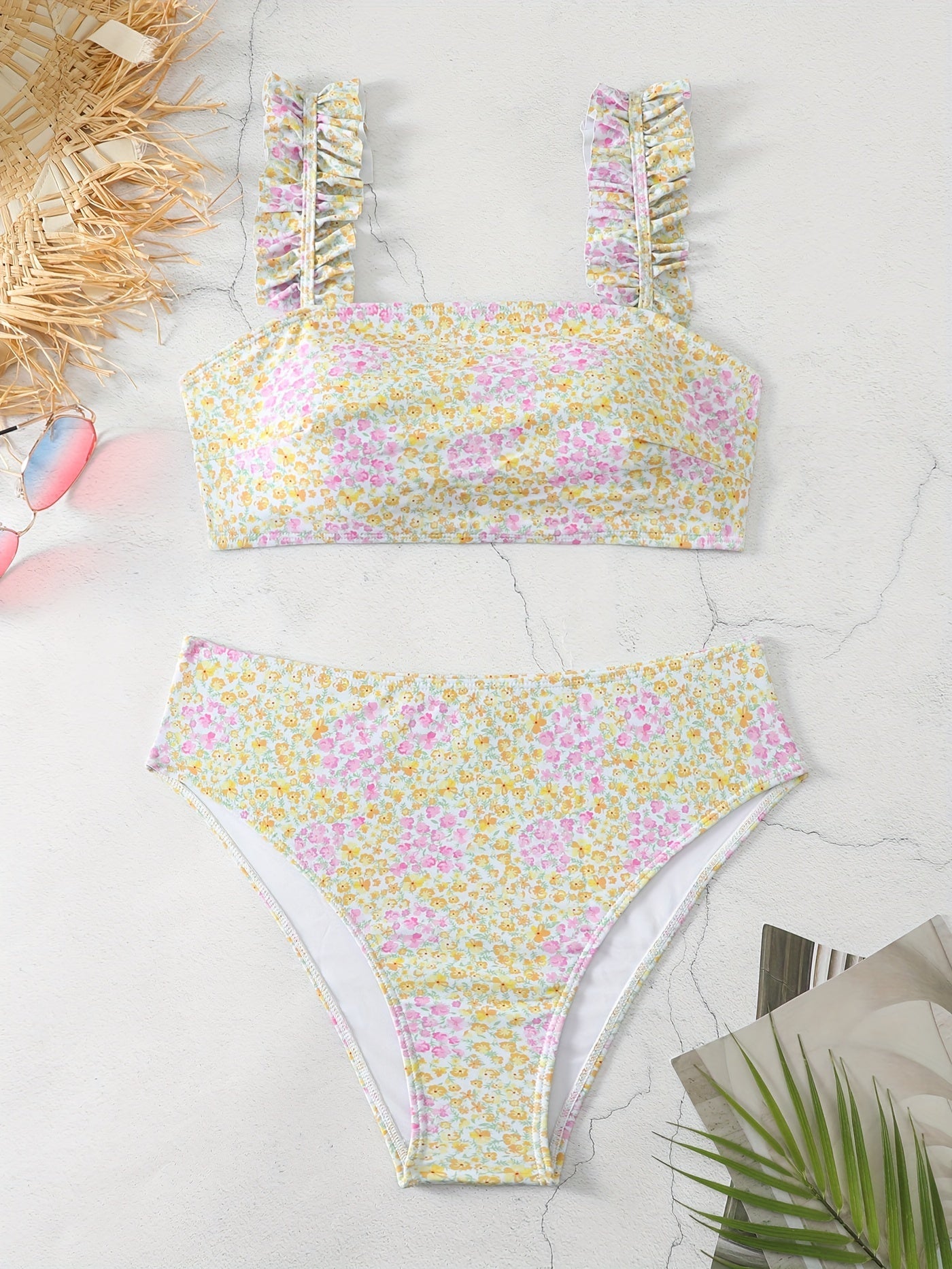 Ditsy Floral Print Bikini Set with Frill Trim