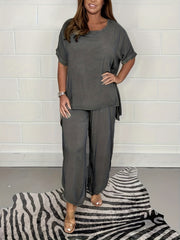 Casual Two Piece Set Crew Neck Tops & Split Pants Outfit