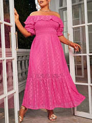 Lace Ruffle Off Shoulder Maxi Smock Dress