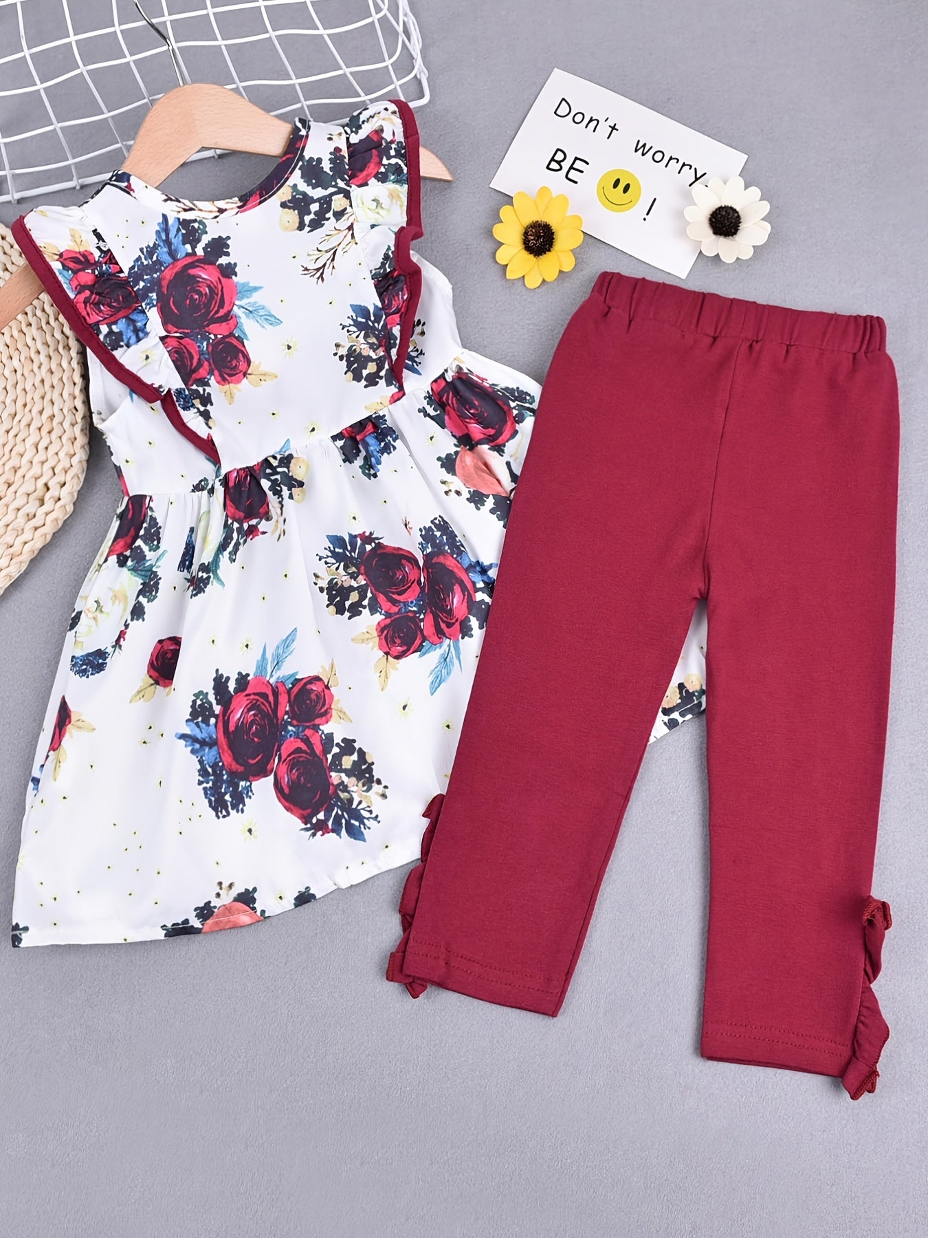 2pcs Girls Floral Print Dress And Pants Set Clothes