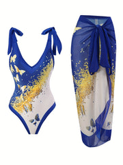 Butterfly Print Tie Shoulder Backless Swimsuit Cover Up