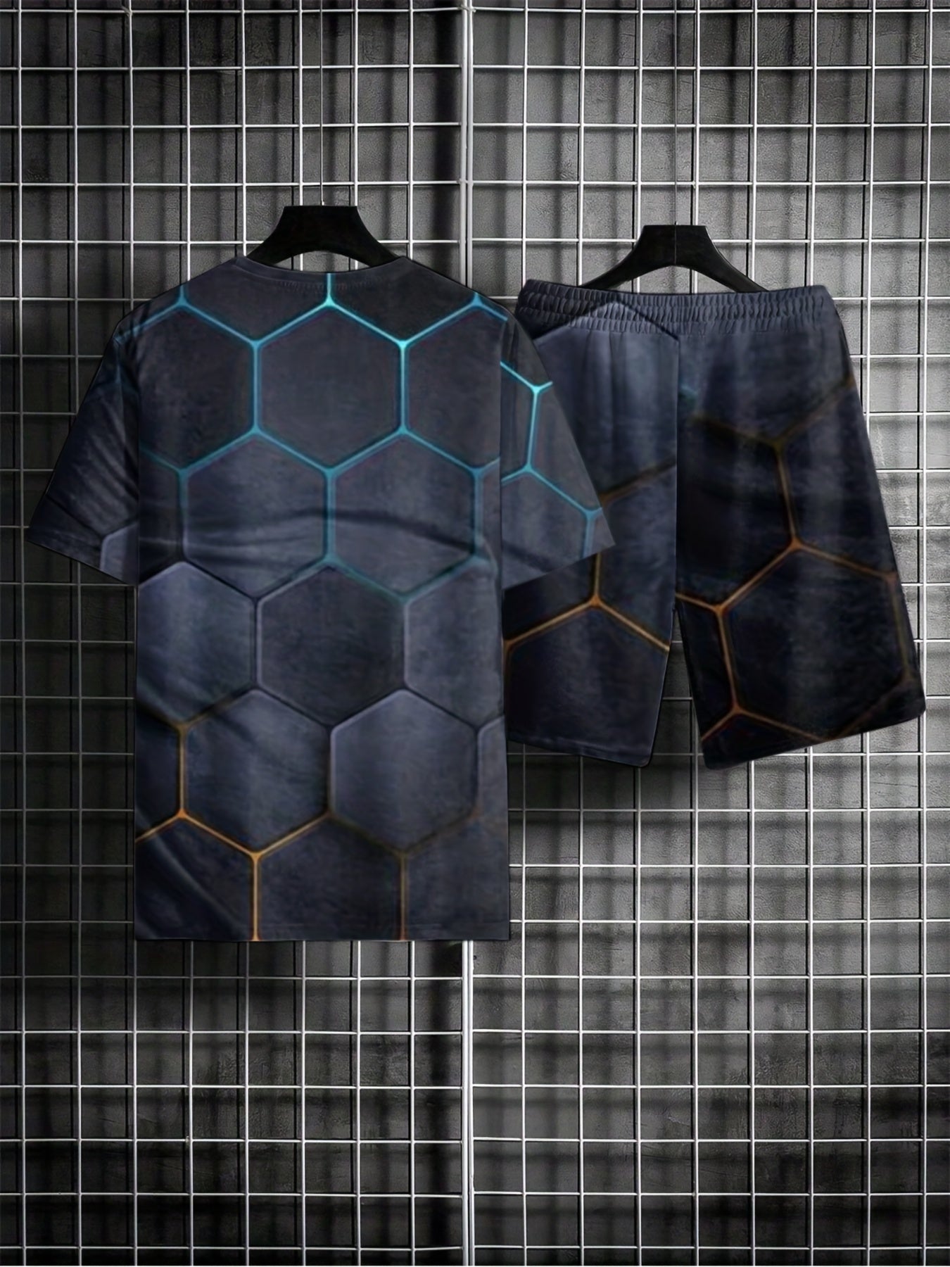 Geometric Pattern Print Men's 2Pcs Outfits Short Sleeve T-shirt And Shorts Set