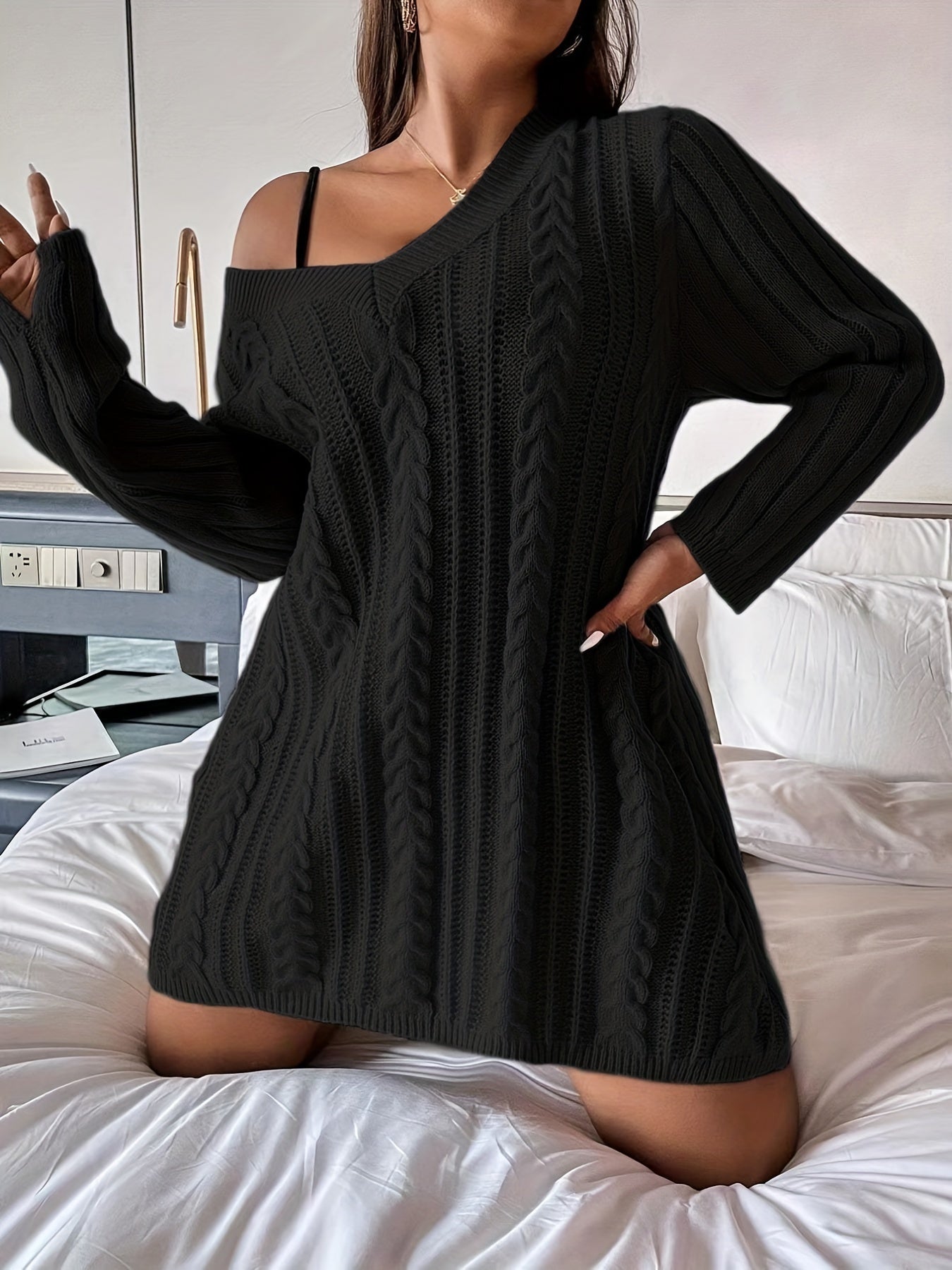 Cable Long Sleeve V Neck Sweater Dress