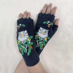 Vintage Owl Crocheted Half Finger Gloves Hand Knit Fingerless Gloves