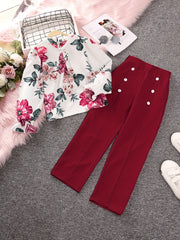 2pcs Girls Fall Clothes Long Ruffled Sleeve Flower Print Tops & Pants Set