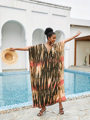 Tie Dye Striped Bat Sleeve V Neck Beach Cover Up