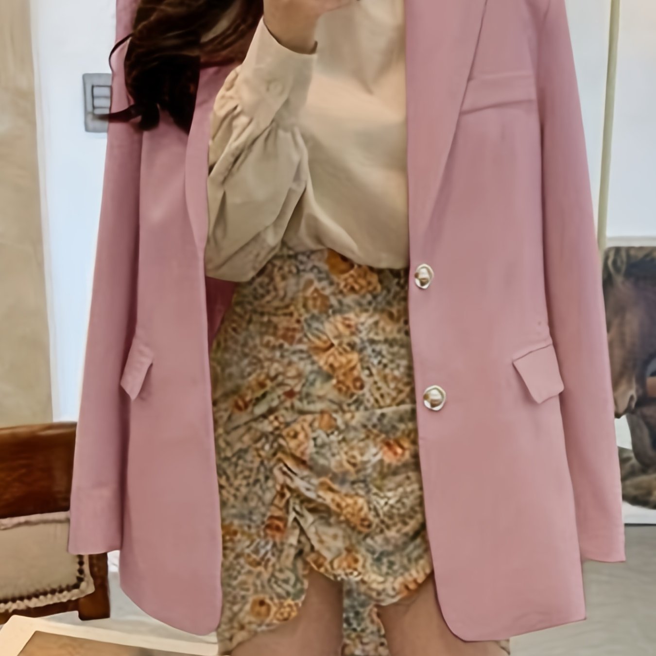Solid Flap Pockets Blazer Lapel Long Sleeve Blazer for Office & Work