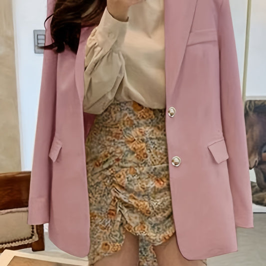 Solid Flap Pockets Blazer Lapel Long Sleeve Blazer for Office & Work